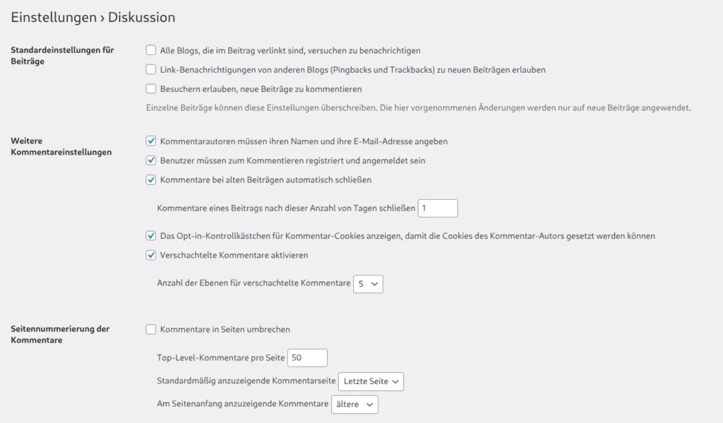 Screenshot der WordPress Diskussionseinstellungen mit empfohlenen Werten um die WordPress Kommentarfunktion zu deaktivieren