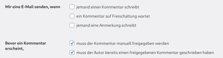 Screenshot weiterer Einstellungen um die WordPress Kommentarfunktion zu deaktivieren
